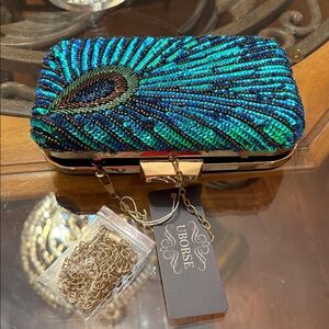 NWT- Peacock Blue Feather Retro 20s 30s Style Sequin Box Clutch/Crossbody